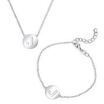 Sterling Silver Cut-Out Shiny &#39;J&#39; Disc Initial Bracelet &amp; Necklace Set - £45.16 GBP