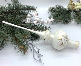 White and gold Christmas glass tree topper with glitter, Christmas finial - $25.88