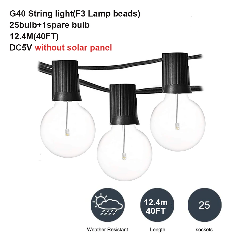 40FT/25FT Solar Led Light Outdoor G40 Plastic Bulb LED IP65 Garden Fairy Patio S - £119.06 GBP
