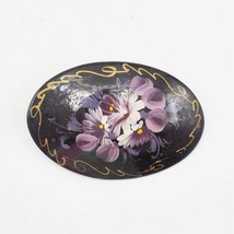 Eastern European Lacquer Brooch Floral Hand Painted Oval Brooch Signed - £19.45 GBP
