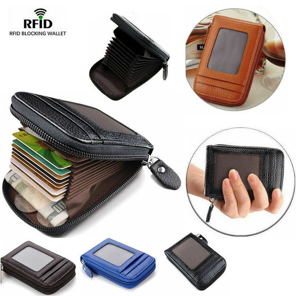 RFID Blocking Credit Card Wallet ID Holder Genuine Leather Zipper Pocket Purses