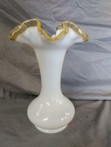 Vintage White Bud Vase with Gold Rim Ruffled Mouth Hand Blown Art Glass 8&quot; - £10.80 GBP