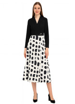 Queen Letizia Inspired Black V-neck Blouse &amp; Belted Two-Tone Side Slit S... - $119.99
