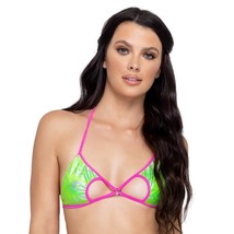 Metallic Swirl Bikini Top Cut Out Triangle Cups O Ring Halter Pink Green... - £22.37 GBP