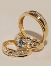 1.75Ct Round Cut Simulated Diamond Wedding Trio Ring Set925 Silver Gold Plated - £102.56 GBP