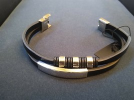 2 Strand Black PU Leather / Steel Bracelet. Be a Rockstar! ~New~ - £7.77 GBP