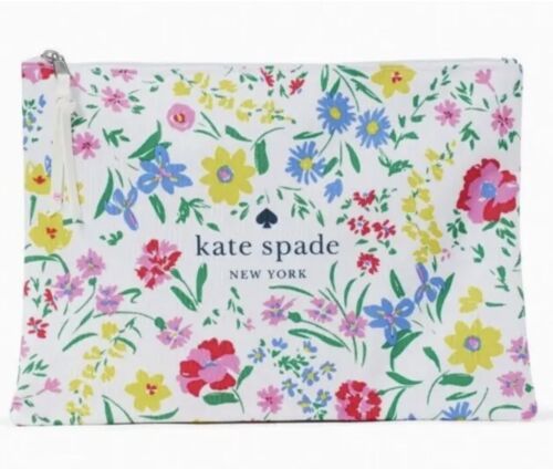 New Kate Spade New England Floral Large Cosmetic Pouch White Canvas Zipper - $23.16