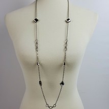 Vintage Silver Tone Chain Beveled Beads Rhinestones Necklace 40&quot; Long - $11.30