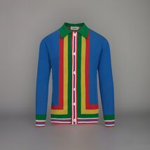 MEN'S BLUE ART RETRO STRIPES CLASSIC JACQUARD CARDIGAN SIZE S - $29.00