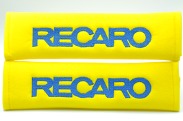 2 pieces (1 PAIR) Recaro Embroidery Seat Belt Cover Pads (Blue on Yellow... - $16.99