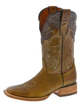 Mens Western Cowboy Boots Honey Brown Stitched Leather Square Botas Size 9, 10 - £84.43 GBP