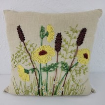 Floral Crewel Pillow Daisy Handmade Gold Brown Finished Hand Embroidered MCM Vtg - £11.18 GBP