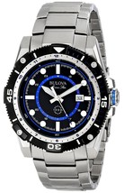 Bulova Men&#39;s 98B177 Marine Star Quartz Black Blue Dial Stainless Steel Watch New - £195.78 GBP