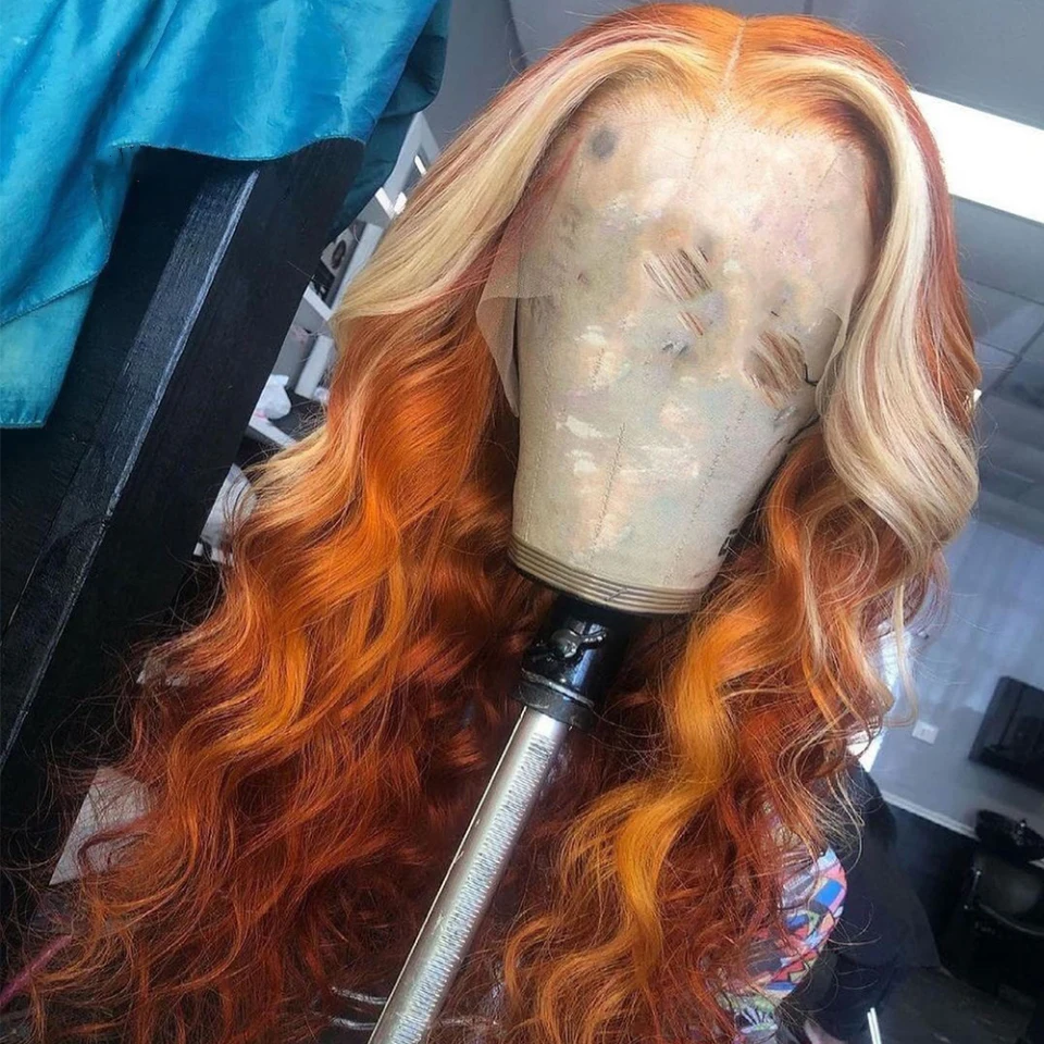 Ginger Orange Color Lace Front Wig for Women Synthetic Lace Wigs Highlight - £63.69 GBP