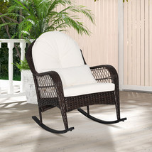 Patio Wicker Rocking Chair W/Lumbar Pillow Porch & Seat Back Cushions OffWhite - £175.30 GBP