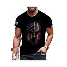 American Spartan Patriotic T Shirt   American Flag Helmet Mask Crew Neck - Short - £15.85 GBP