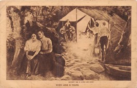 Young Couple Hides From Group At Camp Site With Musicians~Romance Postcard 1910 - £5.57 GBP