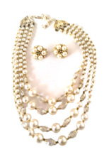 Vintage CORO Necklace and Clip On Earrings Set Imitation Cream Pearls Rhinestone - £66.86 GBP