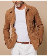 Veste en cuir marron pour homme en daim pur sur mesure Taille SML XXL 3XL - £130.00 GBP
