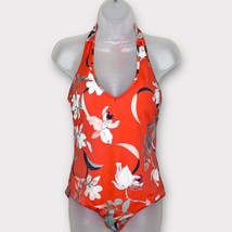 ATHLETA Red Floral Waimea Plunge Halter Tank One Piece Swimsuit fits siz... - $37.74
