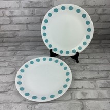 Corelle SOUTH BEACH Dinner Plates 10 1/4” Turquoise Aqua Dots Circles Set of 2 - £9.60 GBP