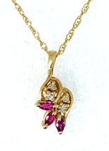 Ruby &amp; Diamond Pendant 18 inch Loose Rope Chain REAL Solid 14k Yellow Gold 2.3g - £254.59 GBP
