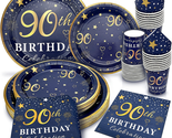90Th Birthday Decorations Plates and Napkins Blue and Gold, Service for ... - $38.44
