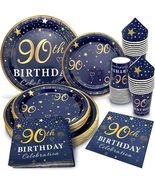 90Th Birthday Decorations Plates and Napkins Blue and Gold, Service for ... - £30.37 GBP