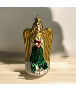 Blown Glass Christmas 8” Large Angel Ornament W/ Book Glass Dress Wings ... - $29.69