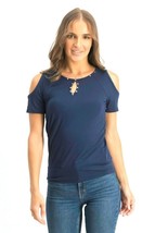 JM Collection Studded Cold-Shoulder Keyhole Women&#39;s Top Petite M Intrepid Blue - £16.31 GBP