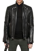 New Men&#39;s Genuine Lambskin Leather Jacket Black Slim Fit Motorcycle Jack... - $117.50