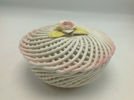 Ceramic Basket Weave Bowl Covered  White Pink Floral 5.5&quot; Spain New Old ... - £16.25 GBP