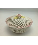 Ceramic Basket Weave Bowl Covered  White Pink Floral 5.5&quot; Spain New Old ... - £15.56 GBP