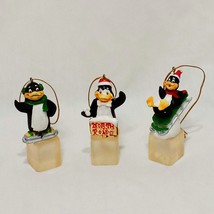 Lot 3 Penguins on Ice Cubes Christmas Ornament Holliday Resin North Pole 3&quot; - £15.02 GBP