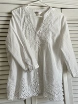 Ladies Krazy Kat White XL Button Up Cotton Blouse w Sequins &amp; 3/4 Sleeve - £3.11 GBP