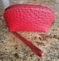 Italian Red Ostrich Embossed Leather Wristlet Purse/Cosmetic or Other Bag - £23.52 GBP