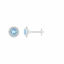 Natural Aquamarine Halo Earrings with Diamond in 14K Gold (Grade-AAA , 6MM) - £855.31 GBP