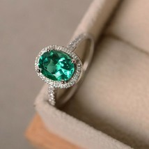 2.30 Ct Oval Simulated Green Emerald Engagement 14k White Gold Plated Halo Ring - £168.76 GBP