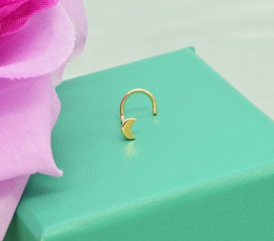 14k Solid Gold Moon Nose Stud Ring Tiny Half Moon Pin Screw Back Nose Pi... - $228.29