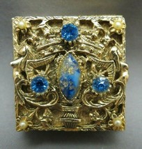 Vtg Pill Box Jeweled Rhinestones Art Glass Crown Repousse Mermaid Shield Clean - £39.90 GBP