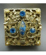 Vtg Pill Box Jeweled Rhinestones Art Glass Crown Repousse Mermaid Shield... - £39.47 GBP