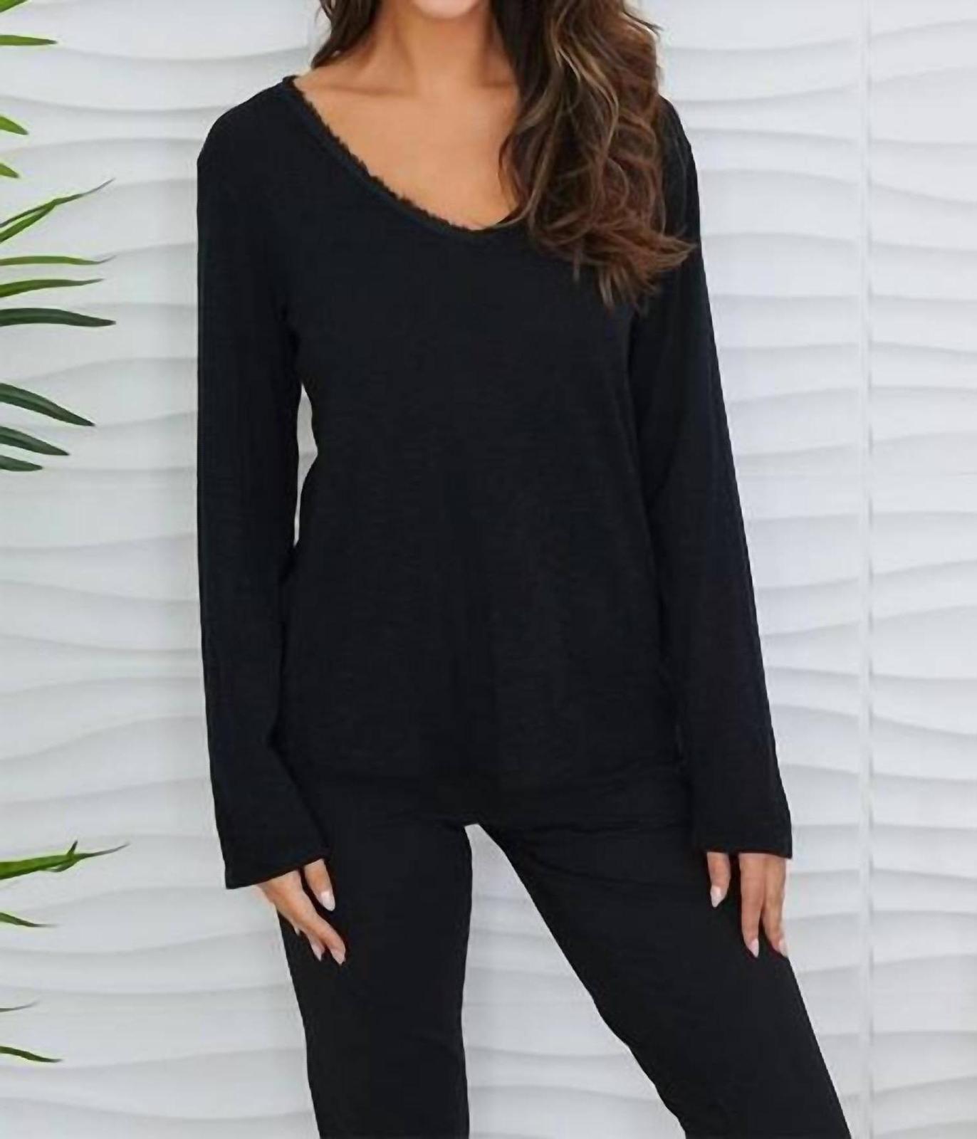 Milio Milano distressed v-neck cotton long sleeve top Black - £38.36 GBP