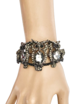 2" Wide Gunmetal Gray Crystals Statement Chunky Owl Lover Bracelet, Chic Goth - $25.65