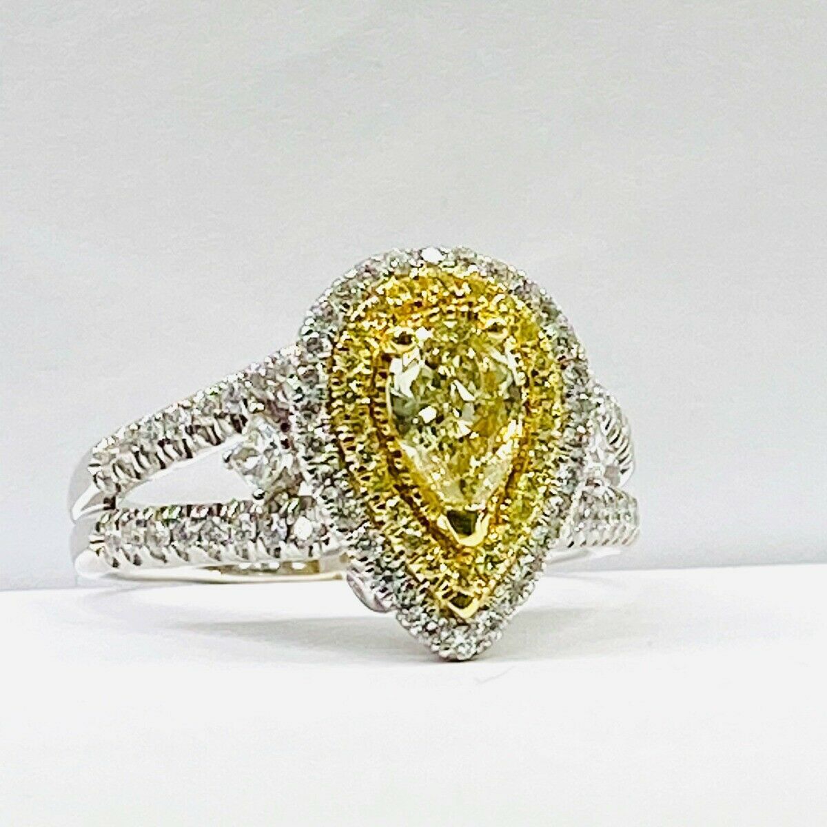 Primary image for 1.31 Ct Pear Cut Yellow Diamond Engagement Ring 14k White Gold Split Shank