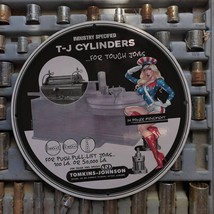 Vintage 1945 Tomkins-Johnson Industry Standard Cylinder Porcelain Gas &amp; Oil Sign - £98.85 GBP