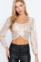 Long Sleeve Champagne Beige Ruched Metallic Knit Top - £15.18 GBP