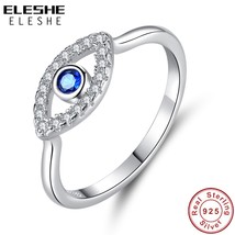 ELESHE Genuine 925 Sterling Silver Lucky Eye Ring Blue CZ Wedding Rings For Wome - £13.25 GBP