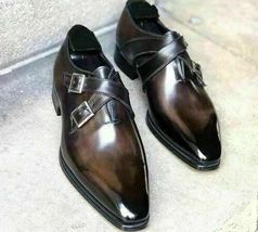 New Men&#39;s Handmade Dark Brown Double Monk Leather Shoes, Men Dress Buckle Shoes - £101.09 GBP