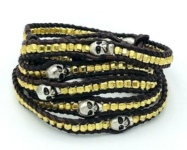 Brown Leather Wrap Bracelet Silver Pyrite Skull Beads  - $17.82