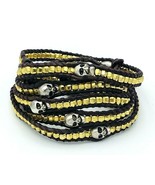 Brown Leather Wrap Bracelet Silver Pyrite Skull Beads  - $17.82